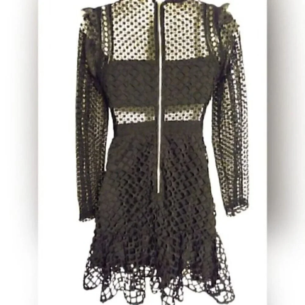 L'atiste Black Lace Lantern Crochet  Long Sleeve Mini Dress S - Picture 5 of 8